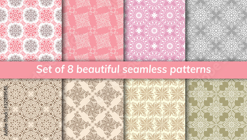 Pattern set arabic, indian, japanese, islamic motifs. Collection of 8 patterns. Mandala seamless pattern.
