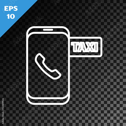 White line Taxi call telephone service icon isolated on transparent dark background. Taxi for smartphone. Vector Illustration