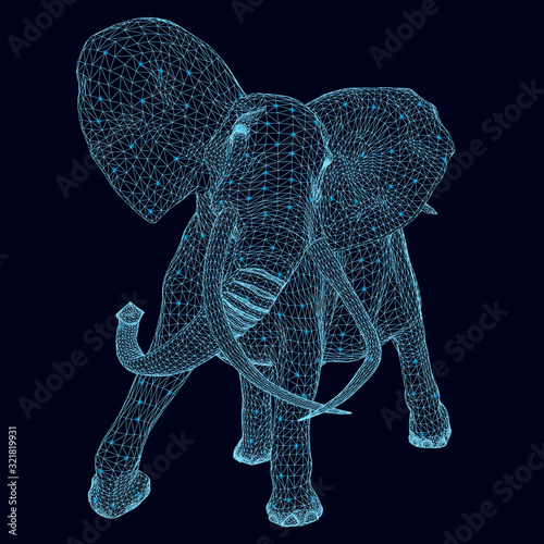 Wireframe of an elephant from blue lines with luminous lights on a dark background. Polygonal elephant in motion. 3D. Vector illustration