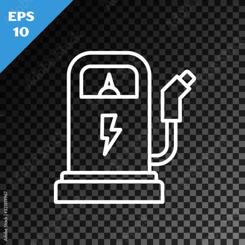 White line Electric car charging station icon isolated on transparent dark background. Eco electric fuel pump sign. Vector Illustration