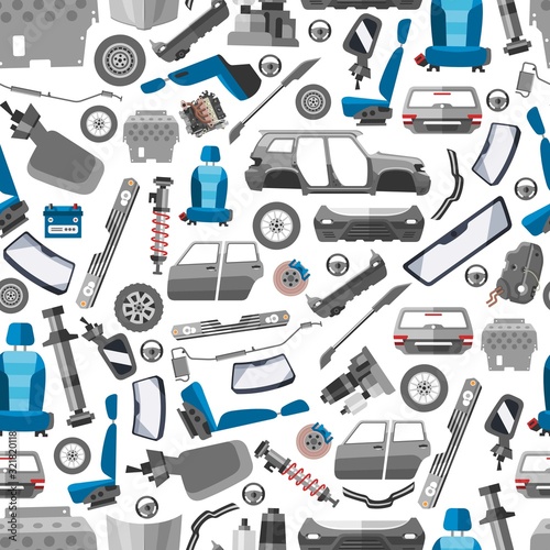 Car spares and auto parts seamless vector pattern. Auto diagnostics test service, protection insurance or vehicle electronics parts service shop. Repair help. Smart technology for auto car background.