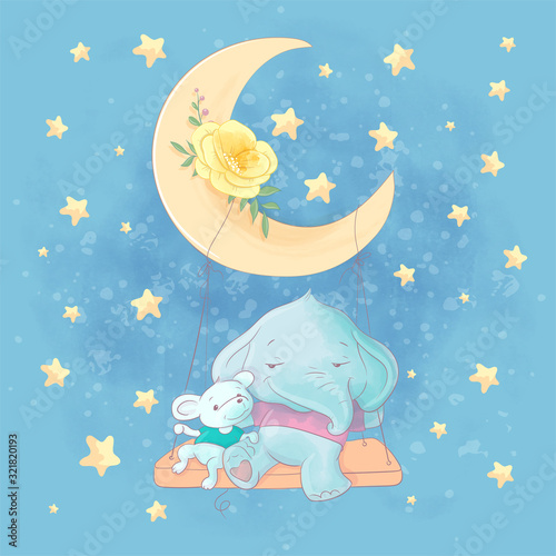 Watercolor cartoon illustration of a cute elephant and mouse on a swing on the moon