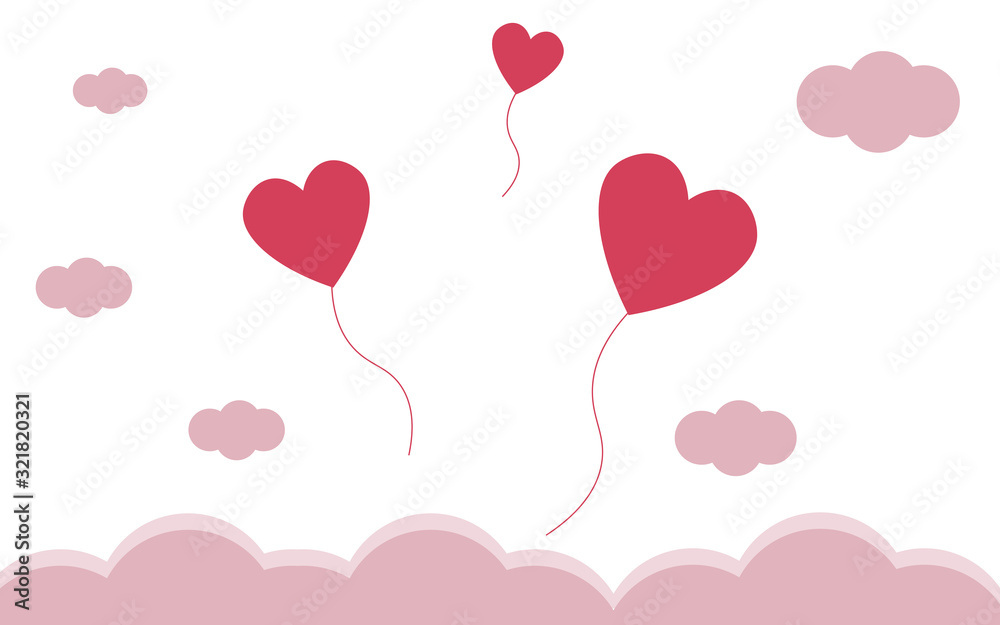 Hearts balloon fly in sky with clouds vector illustration