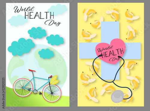 World Health Day. Postcards about a healthy lifestyle. Medicine and health day. April 7th. Bicycle with blue clouds. Medical cret with heart and phonoscope on a background of bananas. Cardiology. photo