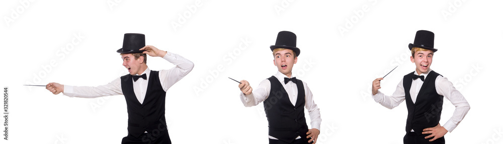 Magician with magic stick isolated on white Magician with magic stick isolated on white