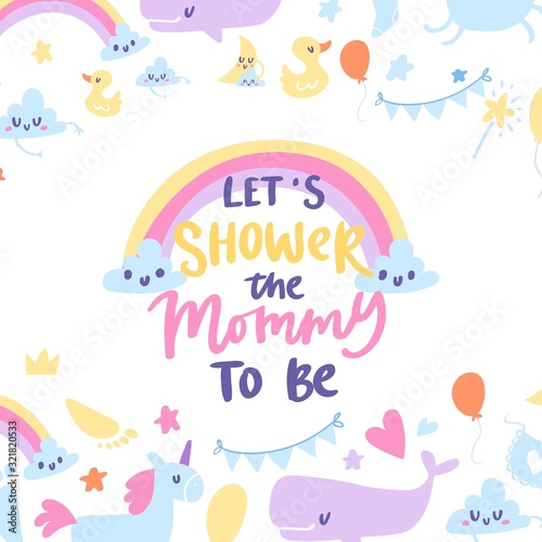 Baby boy shower card with cute rainbow vector illustration. Invitation template with cute cartoon toys, mummy love text. Cute animals, unicorn, duck and whale kids backdrop for baby shower.