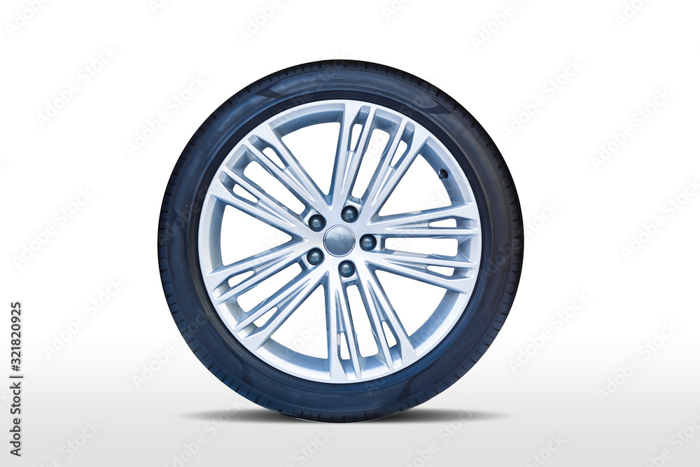 Tubeless car wheel on light alloy disc isolated on white background, frontal view