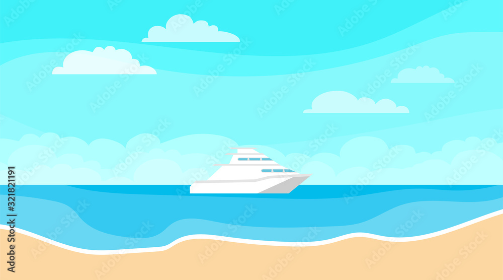 Obraz premium Seascape. Sea, sand, blue sky and a yacht. Vector, cartoon illustration of a sea view.