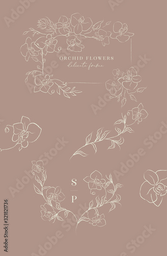 Collection of delicate line drawing vector floral wreaths frames. hand drawn delicate orchid flowers, branches, leaves, plants. Botanical illustration. Leaf logo. Wedding invitation stationary
