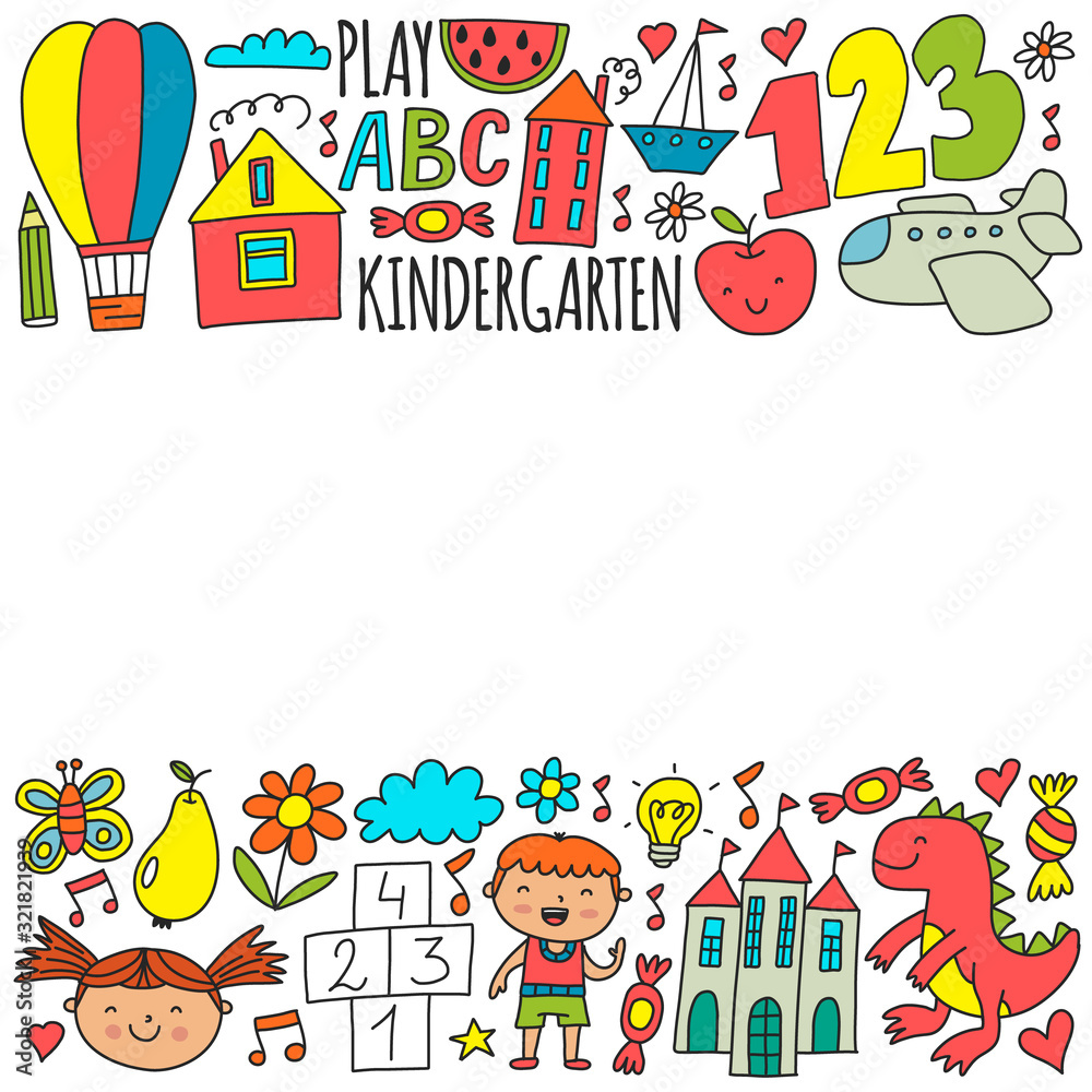 Fototapeta premium Vector pattern for kindergarten banners, posters with moon, planet, spaceship, rocket, sun, fruits, house, flowers. Creativity and imagination.