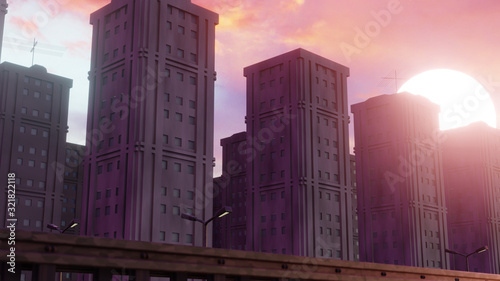 skyscrapers at sunset background illustration 3d render