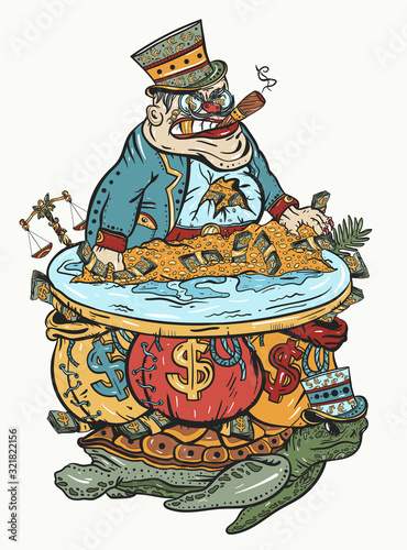 Capitalism art. Rich greedy capitalist on a mountain of golden coins. Concept of global financial system. Evil businessman and money. Caricature. Corruption and bureaucracy. Old school tattoo style