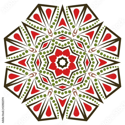 Ceramic tile pattern. Decorative round ornament. White background with art frame. Islamic, indian, arabic motifs.