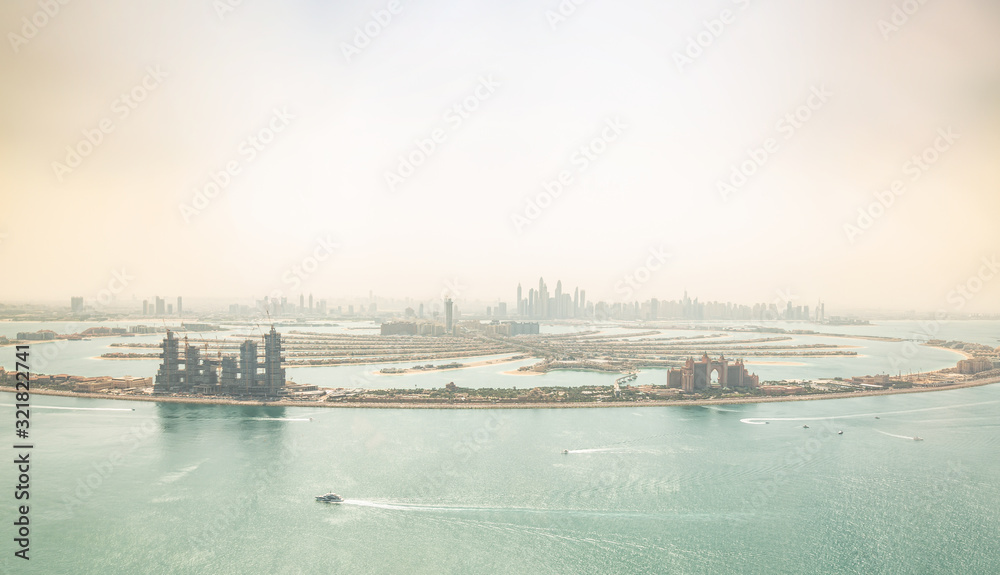 Dubai | The Palm Jumeirah and Skyline aerial view at sunset | Atlantis hotels