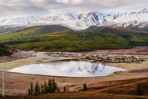 North Chuysky Range and Lake Dzhangyskol at sunrise. Russia, Altai Republic, Yeshtykol tract