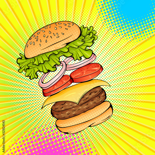 Burger with flying ingredients include bun, tomato, salad, cheese, onion, cutlet. Vector bright color pop art illustration. Fast food poster in retro pop art style. Illustration for print