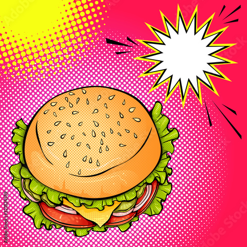 Burger top view. Vector bright color pop art illustration. Fast food poster in retro pop art style. Illustration for print