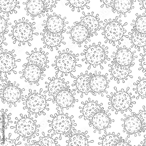 Hand drawn seamless pattern Coronavirus isolated on white background. line art. Global epidemic of 2019. Design of coronavirus quarantine, wrapping, textile, backdrop