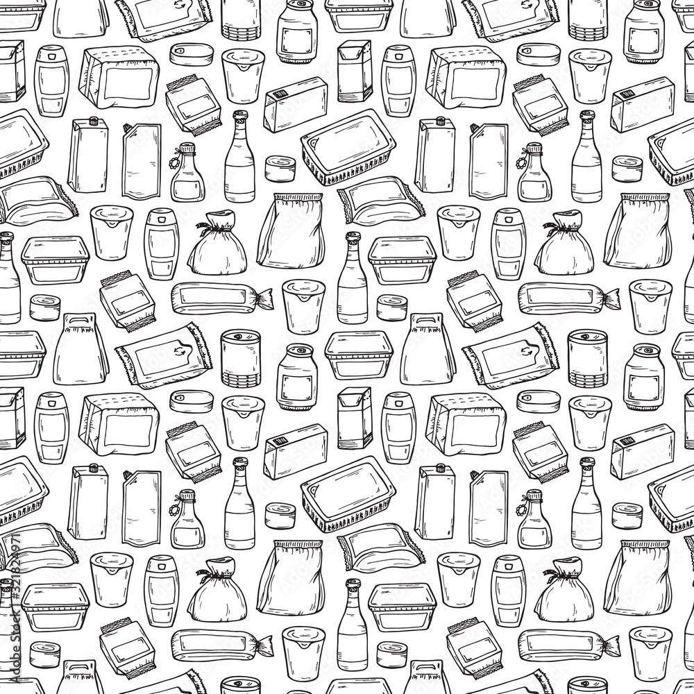 Product packaging Vector Seamless Pattern. Food and drink Packing. Hand Drawn doodle: cans and bottles, plastic boxes, cardboard and paper package blank objects Product packaging Vector Seamless Pattern. Food and drink Packing. Hand Drawn doodle: cans and bottles, plastic boxes, cardboard and paper package blank objects