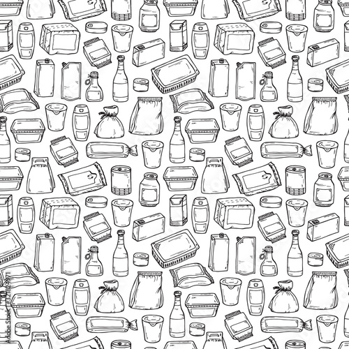 Product packaging Vector Seamless Pattern. Food and drink Packing. Hand Drawn doodle: cans and bottles, plastic boxes, cardboard and paper package blank objects