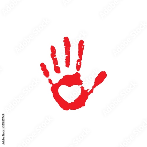 Human palm imprint. paint trace with heart in center isolated on white background.