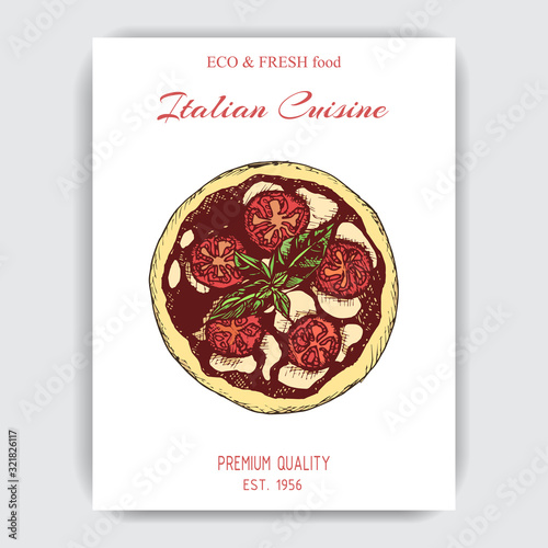 Vector illustration sketch a pizza. Card menu italian restaurant.