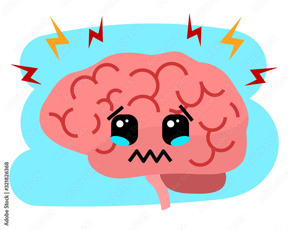 Vettoriale Stock Headache vector illustration. Unhappy crying brain with  lightning flashes. Flat cartoon style character in pain. Concept for  stress, alzheimer, memory loss, brain damage, depression, mental issues. |  Adobe Stock