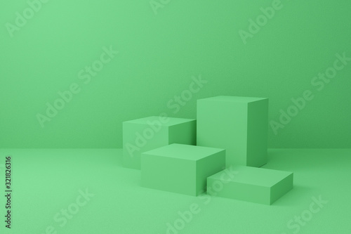 Abstract cube on pastel background texture with geometric shape. 3d render design for display product on website. Minimal mockup with green podium scene concept. Empty showcase for advertising.