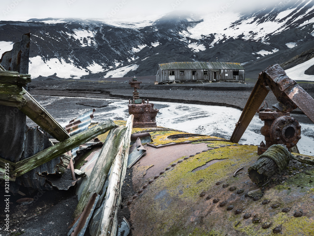 ruins of whalers plant and house in vintage style in Antarctica