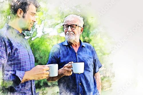 Abstract colorful family time dad and son talking discussion lifestyle in garden home on watercolor illustration painting background.