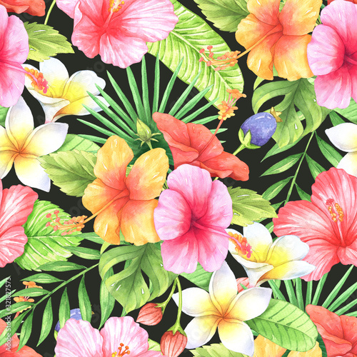 Seamless pattern tropical flower and leaves watercolor on black background.  Hand drawn floral object. Design for fabric  textile and wallpaper. Vector illustration.