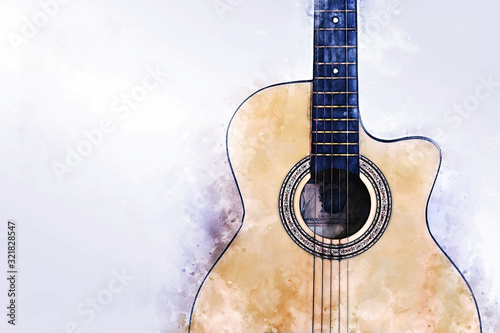 Abstract colorful acoustic guitar foreground on watercolor illustration painting background and Digital illustration brush to art.