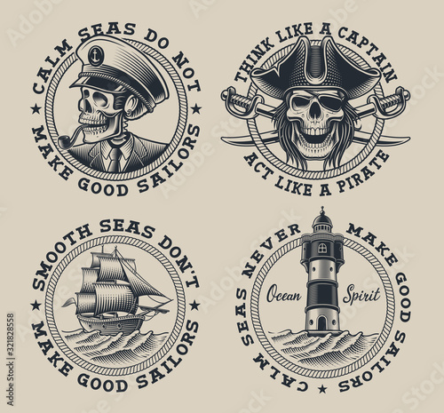 Set of vintage nautical illustration on the white background.