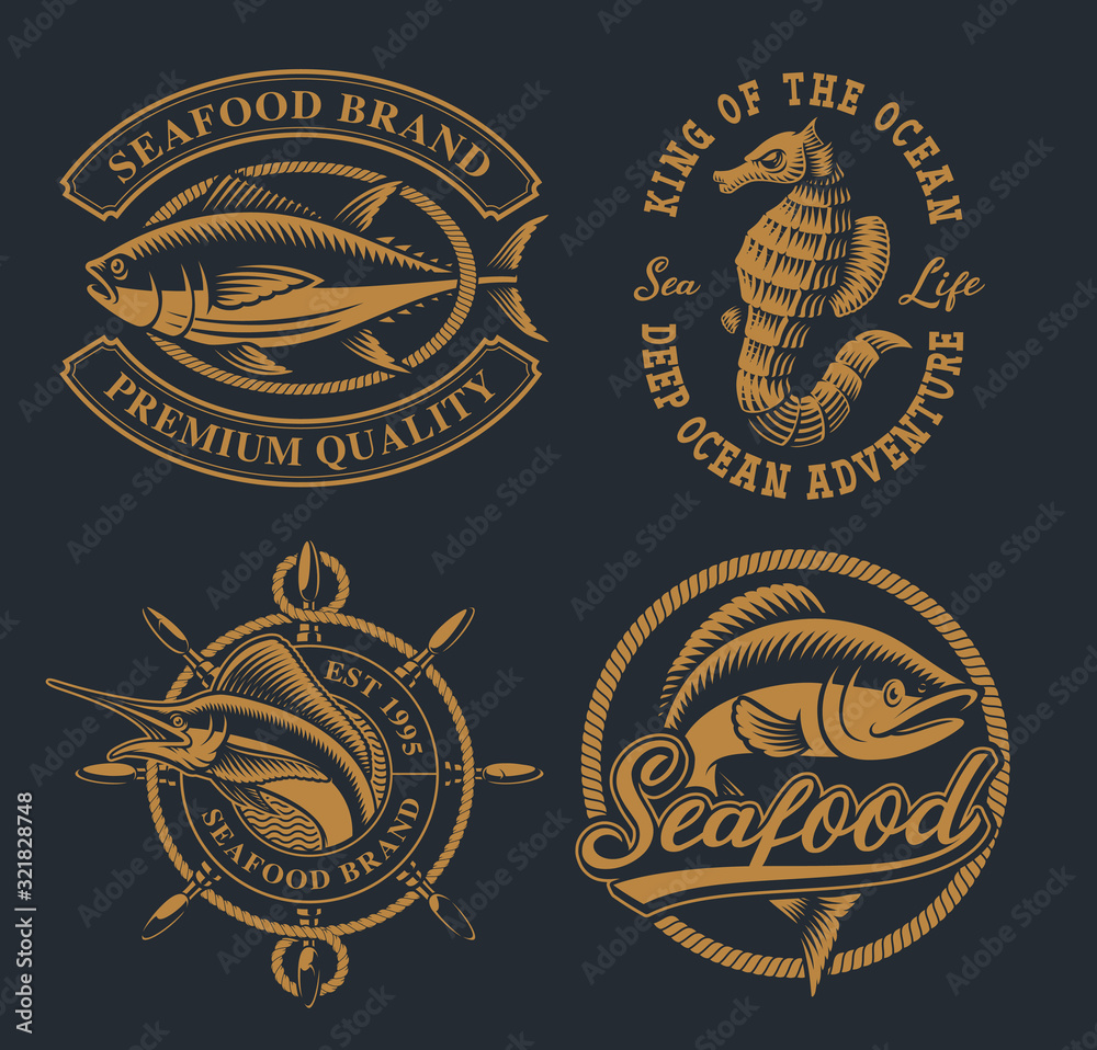 Fototapeta Set of vintage illustrations for seafood theme.