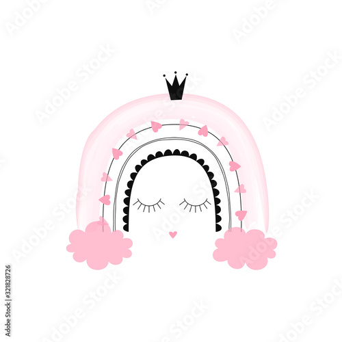 Princess rainbow with crown, eyelashes and clouds illustration. Pastel candy pink digital watercolor bow decorative doodle isolated on white background. Whimsical childish drawing for baby girl party