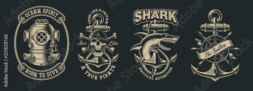 Set of vintage marine illustration with skull, shark, diver helmet