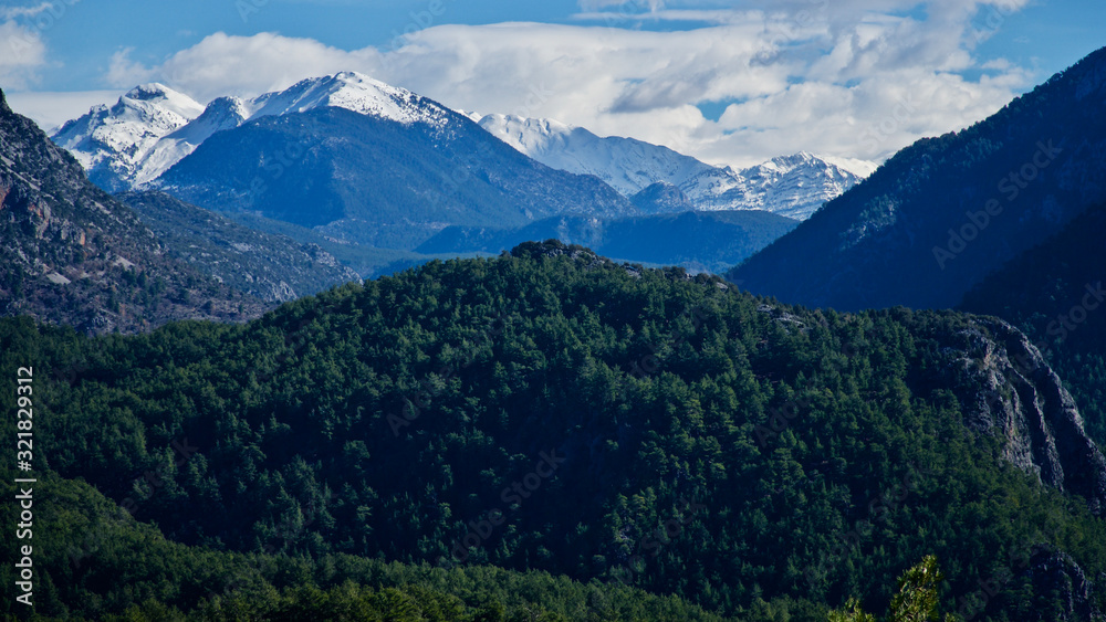 Snowy high mountains in winter. Snowy mountains covered with pine forests. Pine forests in the blue sky and white mountains. Snowy high mountains in winter. Snowy mountains covered with pine forests. Pine forests in the blue sky and white mountains.