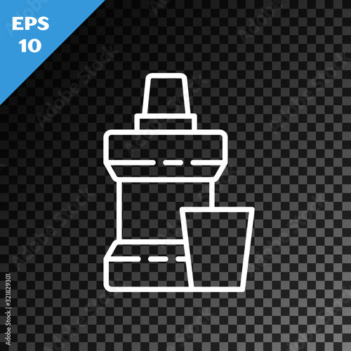 White line Mouthwash plastic bottle and glass icon isolated on transparent dark background. Liquid for rinsing mouth. Oralcare equipment. Vector Illustration