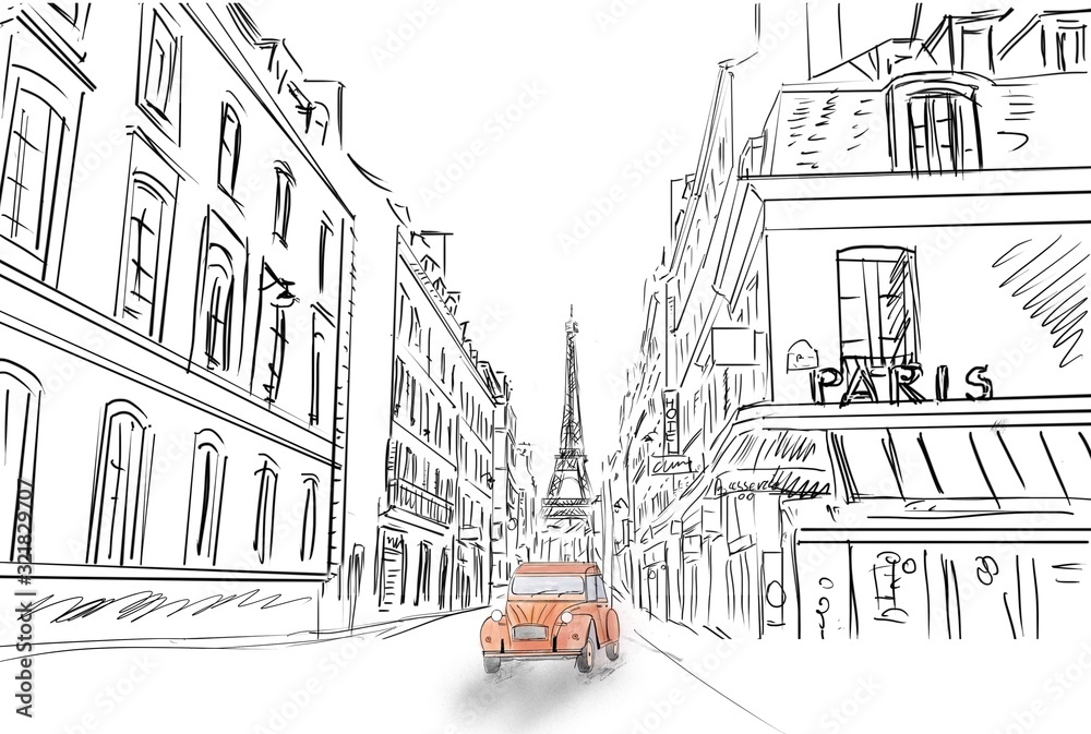 Street in paris - sketch  illustration - obrazy, fototapety, plakaty 