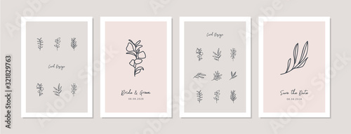 Card designs with eucalyptus and abstract leave twigs. Doodles and sketches vector illustration background, A6.
