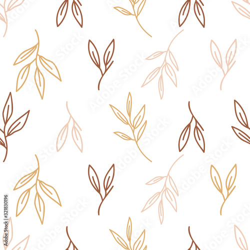 Seamless pattern design with leaf twig on white background. Doodles and sketches vector illustrations.