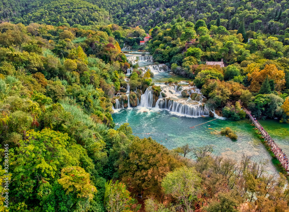 Aerial Photo of Krka waterfalls in the Krka National Park in Croatia. Green, yellow, blue and autumn colors.
