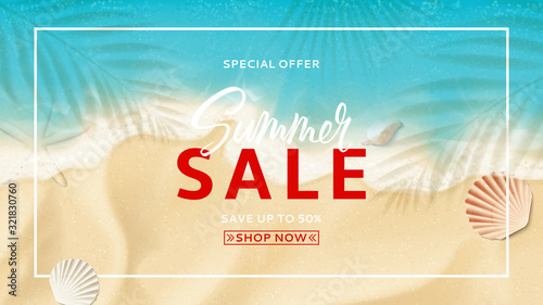 Summer sale banner template. Top view on sea beach with soft waves. Beautiful background with seashells on sea sand. Vector illustration with plant's shadows. Seasonal discount offer.