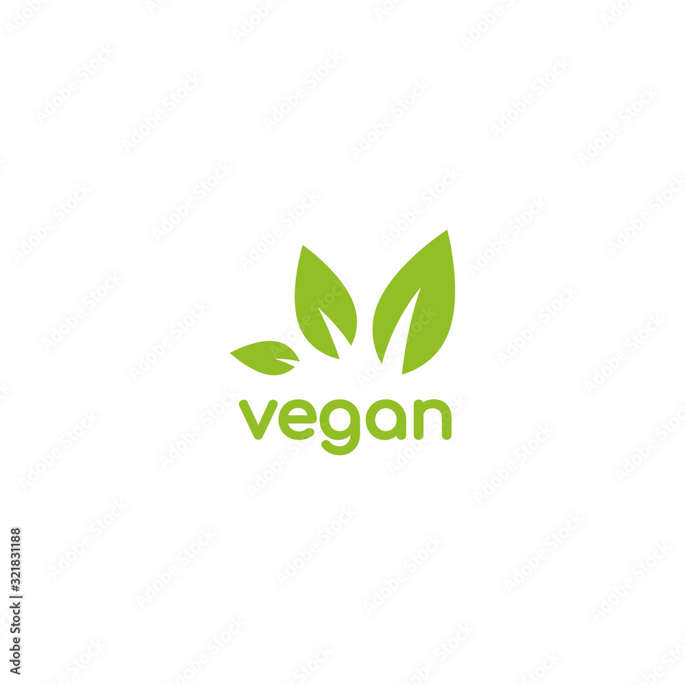 Vegan, veggie product label. Green leaves veggie icon. Healthy, eco, organic, vegetal, raw food logo.