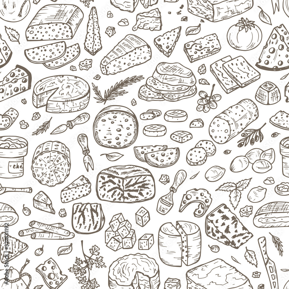 Hand Drawn Doodle various types of cheese: roquefort, parmesan, goat cheese, mozzarella, smoked gouda, blue cheese. Vector Seamless pattern.