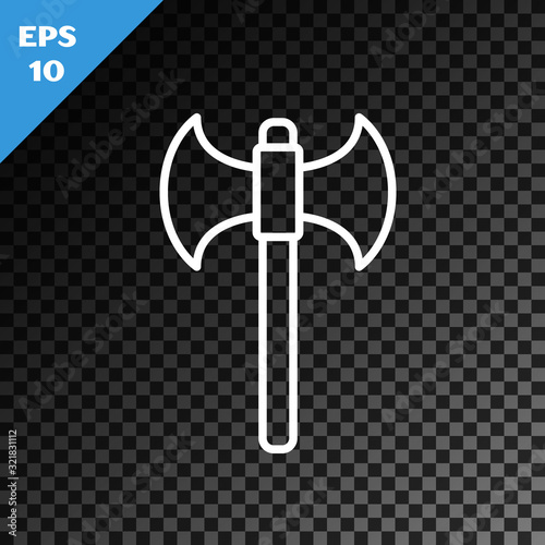 White line Medieval axe icon isolated on transparent dark background. Battle axe, executioner axe. Vector Illustration