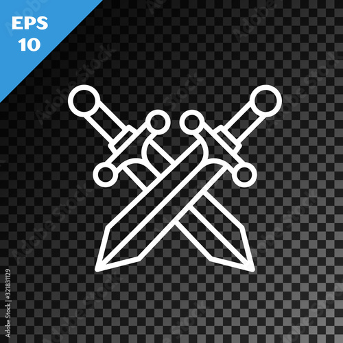 White line Crossed medieval sword icon isolated on transparent dark background. Vector Illustration