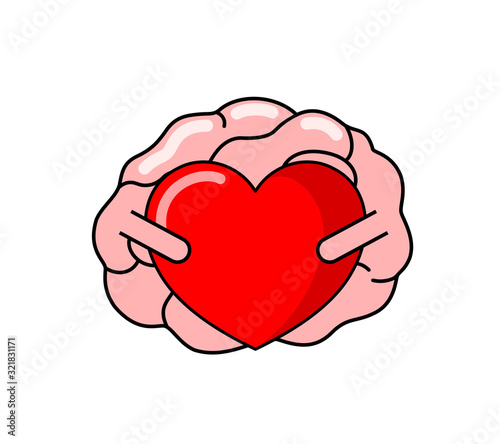 Cartoon human brain holding red heart. Internal organs.  Brain and heart concept.  emotions and rational thinking. Vector illustration isolated on white background.