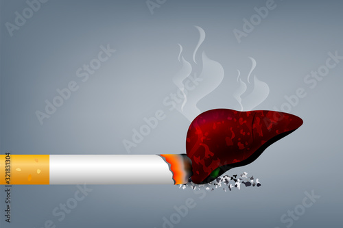 Stop smoking, World no tobacco day. Smoking is harmful to human liver. Resulting in organ damage and premature. Illustration.