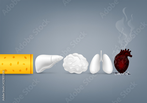 Stop smoking, World no tobacco day. Smoking is harmful to human organs. Resulting in organ damage and premature. Illustration.